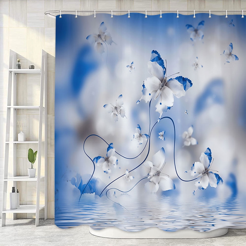 Blue Flower Shower Curtain, Spring Country Nature Farmhouse Fabric Shower Curtains Set for Bathroom, Modern Botanical Plant Restroom Decor Accessories with Hooks, 36X72in