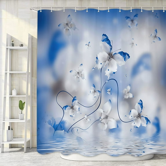 Blue Flower Shower Curtain, Spring Country Nature Farmhouse Fabric Shower Curtains Set for Bathroom, Modern Botanical Plant Restroom Decor Accessories with Hooks, 69X84in