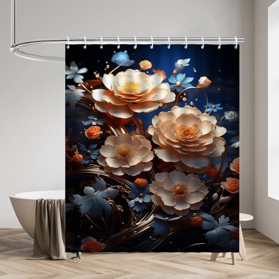 Blue Flower Shower Curtains Pretty Ceramic Flower Pattern Waterproof Bathroom Curtains with Hooks, Unique Retro Ceramic Flower Pattern Themed Bathroom Decor