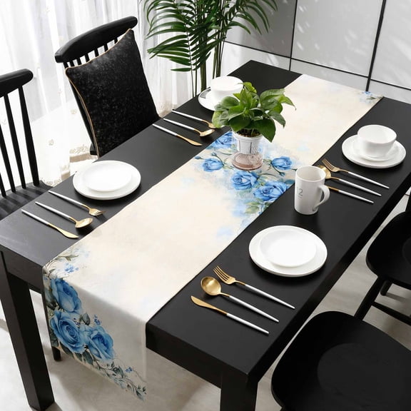 Blue Flower Spring Cotton Linen Small Table Runner 13 x 48 inch Rose Leaves Garden Pastoral Retro Non-slip Rectangular Dining Table Decor for Wedding Party Holiday Dinner