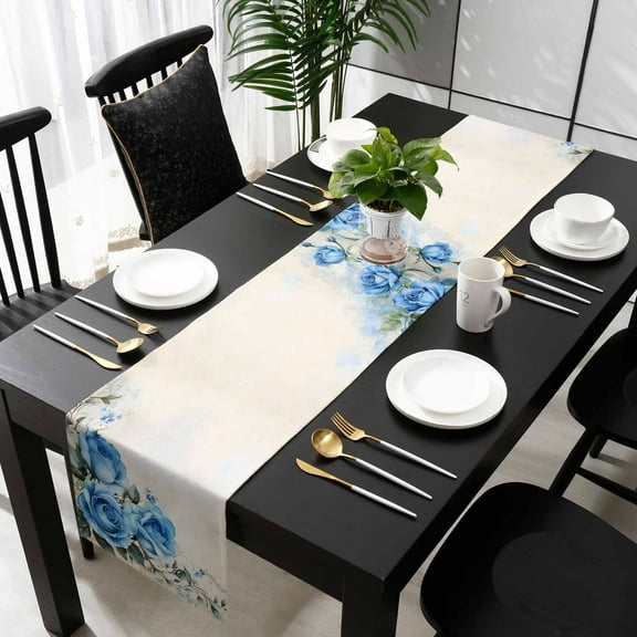 Blue Flower Spring Cotton Linen Table Runner 13 x 70 inch Rose Leaves Garden Pastoral Retro Non-slip Rectangular Dining Table Decor for Wedding Party Holiday Dinner