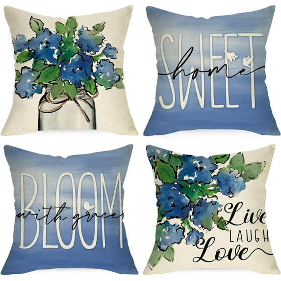 Blue Flower Spring Summer Decorative Throw Pillow Covers 18 x 18 Set of 4, Sweet Home Bloom with Grace Floral Mason Jar Cushion Case Decor, Live Laugh Love Birds Home Decoration for Sofa Couch