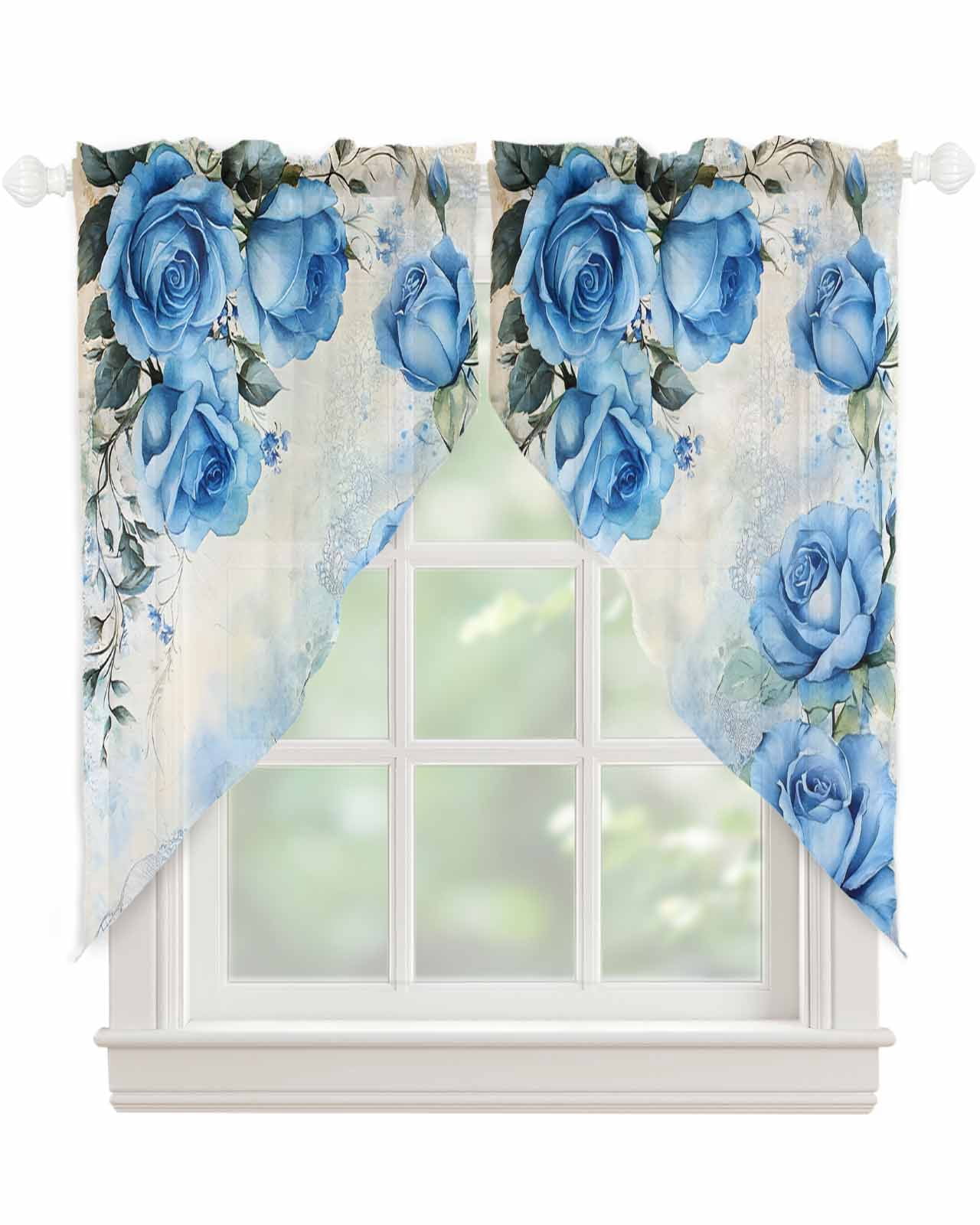 Blue Flower Spring Swag Valances for Windows, Rose Leaves Garden
