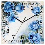 Blue Flower Spring Wooden Wall Clock Silent Non Ticking, Rose Leaves Garden Pastoral Retro Square Wall Clocks Battery Operated, Decor Clock for Home Office, Living Room, Kitchen, 12 Inch
