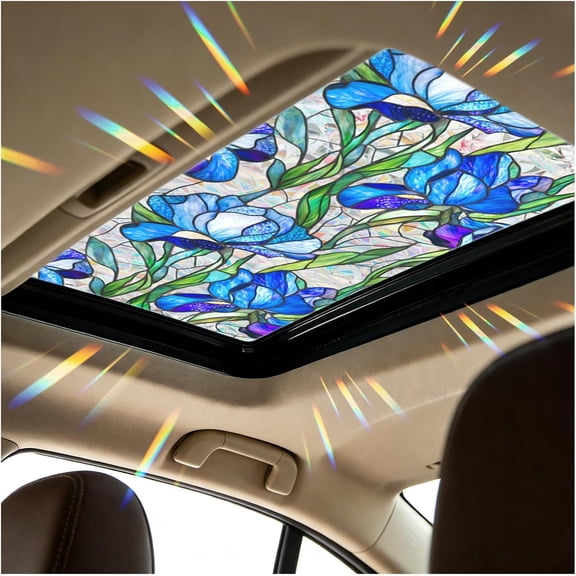 Blue Flower Stained Glass Static Cling Sunroof Film, 39.37×16.92 Inch PVC Privacy Sun Protection Window Sticker, Peel & Reusable Decorative Tint for Car Sunroof & Household Glass