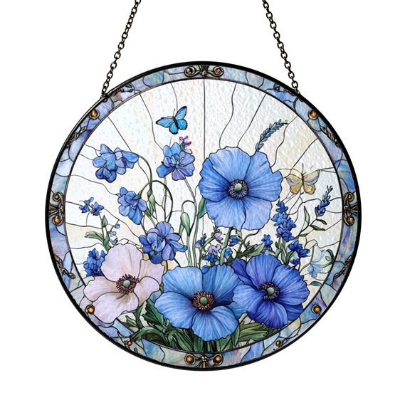 Blue Flower Stained Glass Suncatcher Window Decor,Botanical Window Hanging Art, Floral Spring Window Decoration, Home Accent