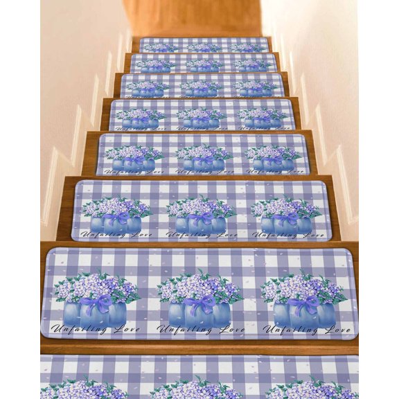 Blue Flower, Stair Treads for Wooden Steps Indoor Runner Rug Carpet, Green Leaves Rustic Plaid Purple 7 Pieces Peel and Stick Staircase Step Treads Covers Washable Throw Door Mats, 30"x8"