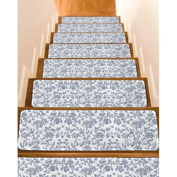 Blue Flower Stair Treads for Wooden Steps Indoor Runner Rug Carpet, Vintage Farmhouse Boho Leaf Spring Summer 10 Pieces Peel and Stick Staircase Step Treads Covers Washable Throw Door Mats, 30"x8"