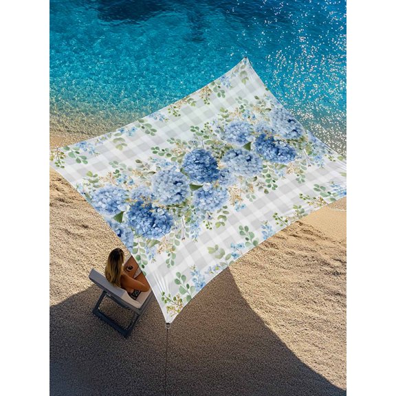 Blue Flower Sun Shade Sail 6.5' x 10', Summer Country Hydrangea Floral Grey Plaid Rectangle Outdoor Sunshade Canopy, Waterproof UV Block Patio Covers for Garden Yard Beach