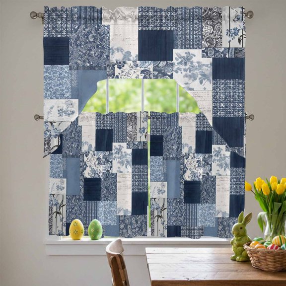 Blue Flower Swag Curtains Valance & Tier Set, Retro Watercolor Blue Beige Floral Patchwork 3 Pcs Set Kitchen Swag Valances and Tiers 24 Inch Length Rod Pocket Curtain Drapes for Bedroom