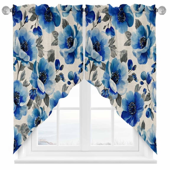Blue Flower Swag Kitchen Curtain Valances, Gradient Blue White Floral Grey Leaf Linen Texture Rod Pocket Curtains Window Treatment Decor Valances for Bedroom Bathroom, 2 Panels 36 x 63 Inch