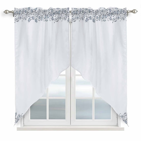 Blue Flower Swag Valances for Windows 2 Pack, Kitchen Window Curtains 36 Inch Length, Spring Modern Minimalist Country Floral Plant Privacy Swag Curtains for Living Room/Bathroom 36"x36"