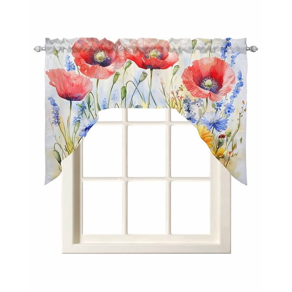 Blue Flower Swag Valances for Windows, Small Curtains Drapes, Patriotic Red Poppy Floral Daisy Wildflower Kitchen Window Curtains Over Sink Window Treatment Valance for Bedroom/Bathroom 56"x36"