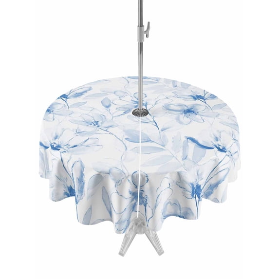Blue Flower Table Cloth Round Tablecloth, Watercolor Floral Botanical Line Drawing Print Waterproof Wrinkleproof Table Cover with Umbrella Hole and Zipper for Party/Dining/Patio/Wedding 60 Inch