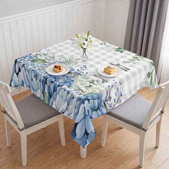 Blue Flower Table Cloth Waterproof Tablecloths, Grey Plaid Hydrangeas Eucalyptus Leaves Tablecloth Dining Table Cover for Kitchen Party Tabletop Outdoor, Square Tablecloth 60x60 Inch