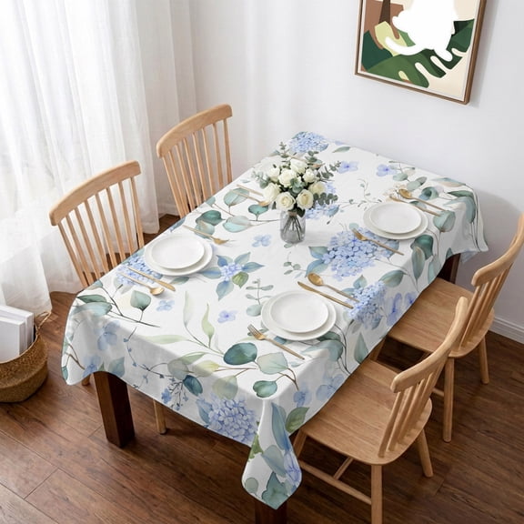 Blue Flower Table Cloth Waterproof Tablecloths, Sage Green Eucalyptus Leaf Farmhouse Country Tablecloth Dining Table Cover for Kitchen Party Tabletop Outdoor, Rectangle Tablecloth 60x102 Inch