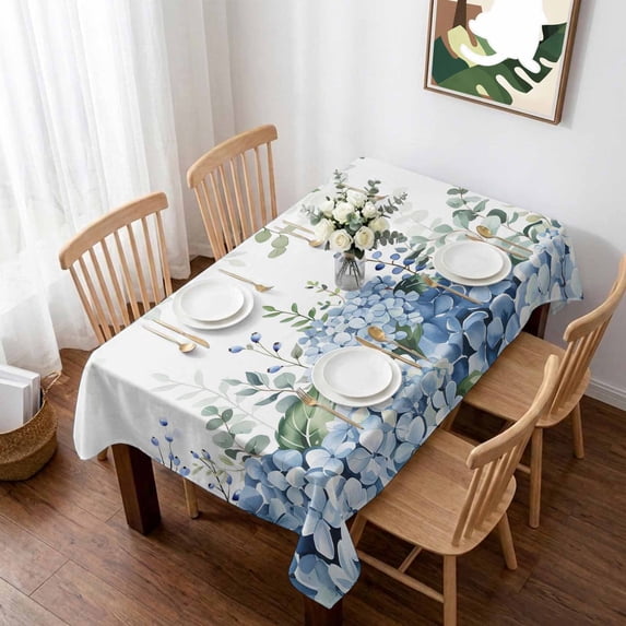 Blue Flower Table Cloth Waterproof Tablecloths, Sage Green Eucalyptus Leaves Farm Plant Tablecloth Dining Table Cover for Kitchen Party Tabletop Outdoor, Rectangle Tablecloth 60x84 Inch