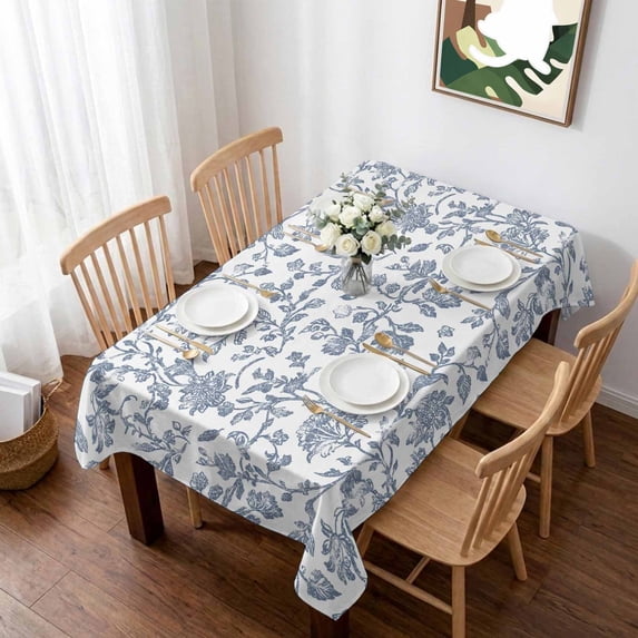 Blue Flower Table Cloth Waterproof Tablecloths, Vintage Farmhouse Boho Leaf Spring Summer Tablecloth Dining Table Cover for Kitchen Party Tabletop Outdoor, Rectangle Tablecloth 52x70 Inch
