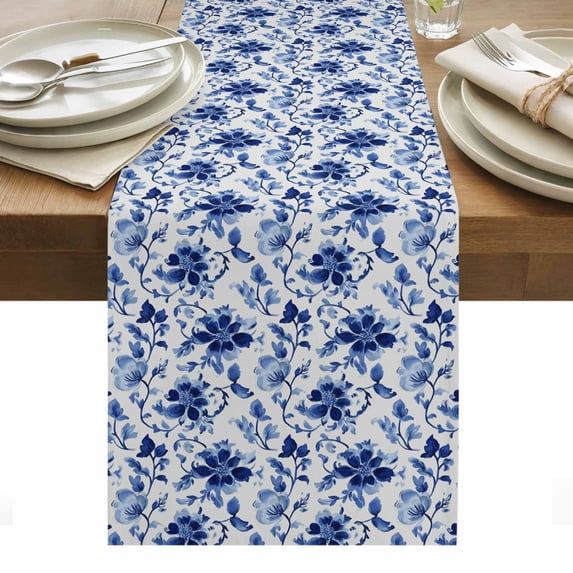 Blue Flower Table Runner - 108 Inch Long, Kitchen Dining Table Runner Dresser Scarves, Country Watercolor Floral Vintage Plant Farmhouse Decor for Coffee Tables Wedding Party Banquet
