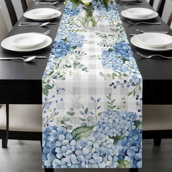 Blue Flower Table Runner 48 Inches Long, Grey Plaid Hydrangeas Eucalyptus Leaves Kitchen Coffee Dining Table Decoration for Home Party Birthday Wedding Home Decor 13x48 Inches