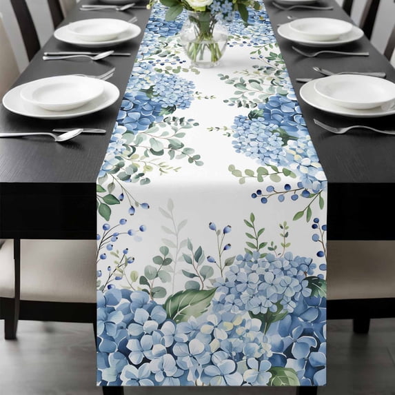 Blue Flower Table Runner 48 Inches Long, Sage Green Eucalyptus Leaves Farm Plant Kitchen Coffee Dining Table Decoration for Home Party Birthday Wedding Home Decor 13x48 Inches