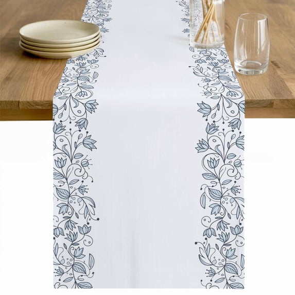 Blue Flower Table Runner - 70 Inch Long Spring Modern Minimalist Country Floral Plant Cotton and Linen Blended Dress Scarves Farmhouse Table Runner for Kitchen Dining, Coffee Table, 13" x 70"