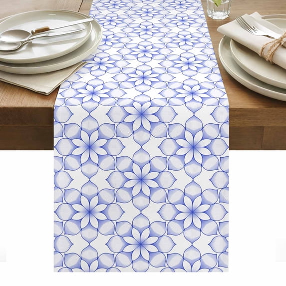 Blue Flower Table Runner - 72 Inch Long, Kitchen Dining Table Runner Dresser Scarves, Retro Tribal Art Abstract Monochrome Texture Farmhouse Decor for Coffee Tables Wedding Party Banquet