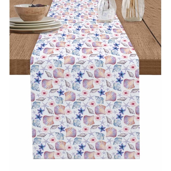 Blue Flower Table Runner Cotton Linen 36 Inch Holiday Dresser Scarves,Summer Coastal Shell Ocean Conch Starfish Tablerunner for Kitchen Coffee Dining Bedroom Living Room Dinner Scarf Décor 13''x36''
