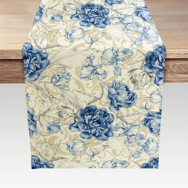 Blue Flower Table Runner,Kitchen Dining Table Decoration Home Party Decor,Gold and Blue Flowers Farmhouse Table Runner for Home Party,13X72in