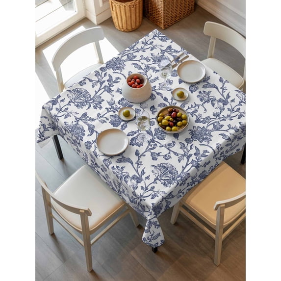 Blue Flower Tablecloth Square Table Cloth 60x60, Waterproof Tablecloth Outdoor Table Cloth, Spring Leaf Vintage Farmhouse Boho Plant Washable Table Cover for Kitchen Dinning Party
