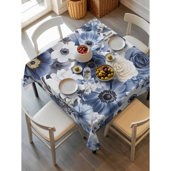 Blue Flower Tablecloth Square Table Cloth 60x60, Waterproof Tablecloth Outdoor Table Cloth, Vintage Ink Rose Floral Spring Botanical Washable Table Cover for Kitchen Dinning Party
