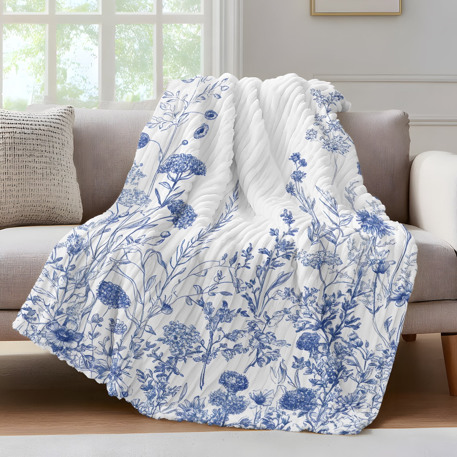 Blue Flower Throw Blanket for Couch Spring Wildflowers Blue White Line ...