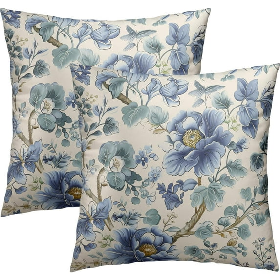 Blue Flower Throw Pillow Cover 18x18 Inch Set of 2 Spring and Summer Chinoiserie Floral Decorative Cushion Covers Blue and White Square Cotton Outdoor Pillowcase for Home Sofa Porch Bedroom
