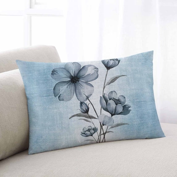 Blue Flower Throw Pillow Cover, Pillowcase Protectors with Zipper, Breathable Decorative Lumbar Pillow Case Cover, Retro Gradient Texture Painting Plant Leaf Pillow Shams for Couch Sofa 16x24Inch