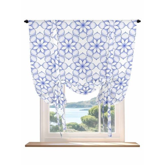 Blue Flower Tie Up Curtains for Windows 54 Inch Length Balloon Curtains Kitchen Adjustable Balloon Window Shade Retro Tribal Art Abstract Monochrome Texture Tie Up Bathroom Curtain Window 42"x54"