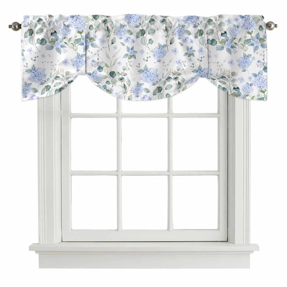 Blue Flower Tie Up Valance Curtains for Windows, Kitchen Curtains Window Shades, Sage Green Eucalyptus Leaf Farmhouse Country Light Filtering Roman Curtain Valances for Bedroom/Bathroom/Cafe 42"x12"