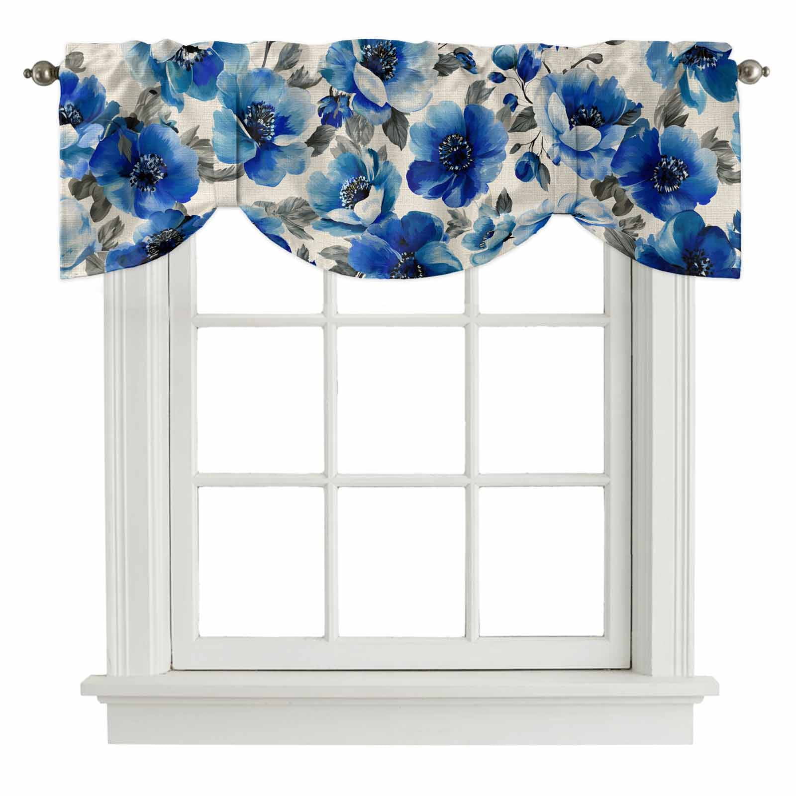 Blue Flower Tie Up Valance for Windows, Watercolor Gradient Blue White Floral Grey Leaf Linen Texture Adjustable Rod Pocket Tie Up Valance Curtains for Kitchen Bathroom Bedroom 54 X 18 Inch