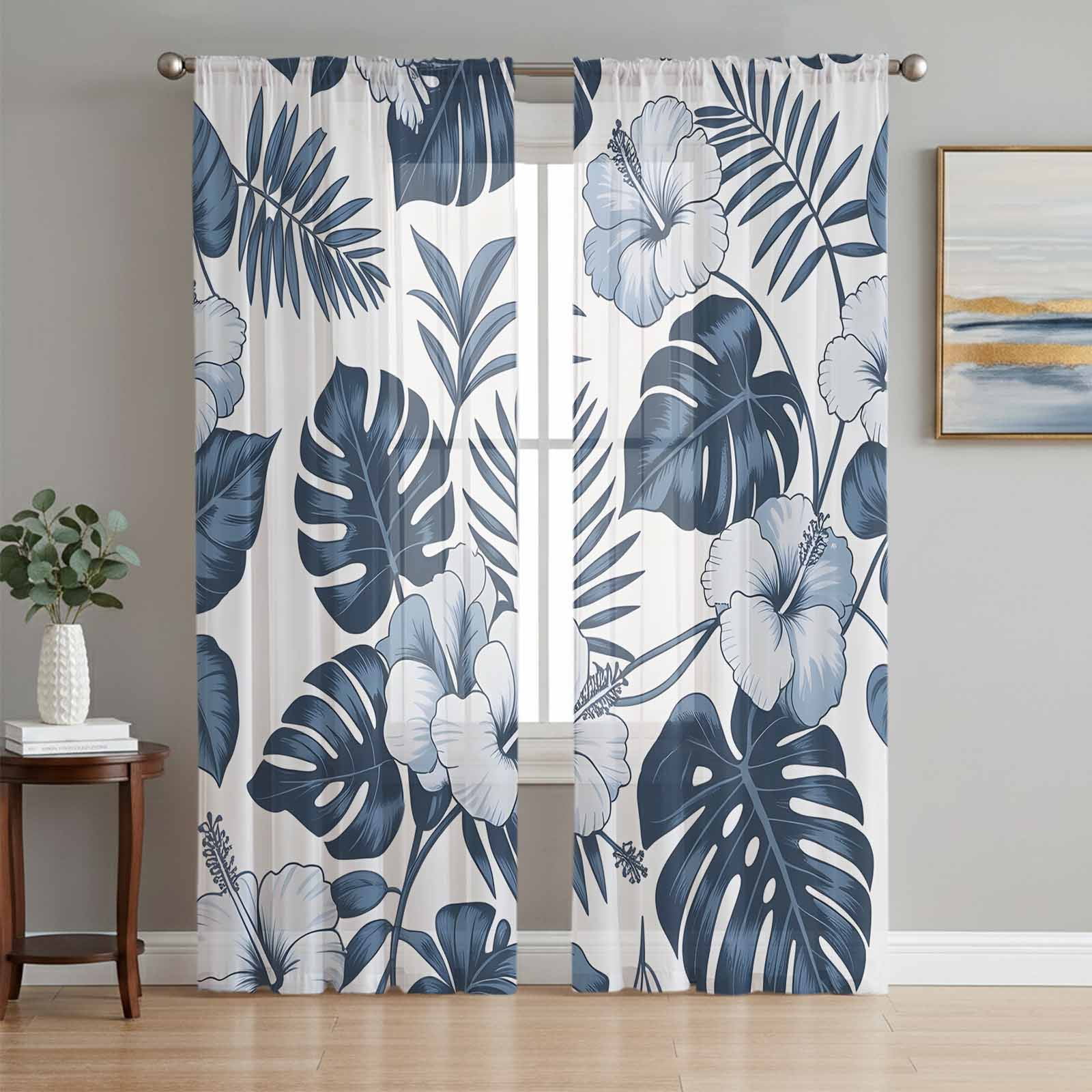 Blue Flower Tropical Palm Leaves Chiffon Sheer Curtains 108 Inches Long