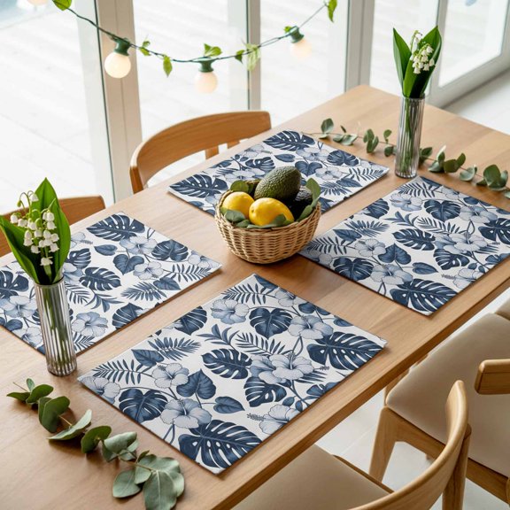 Blue Flower Tropical Palm Leaves Placemats Set of 4,Wipeable Washable Table Mats for Dining Tables, Hawaiian Plant Branch Place Mats for Kitchen Event Party Tabletop Decor