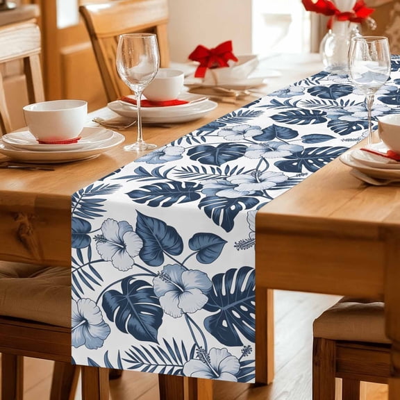 Blue Flower Tropical Palm Leaves Table Runner 36 Inches Long,Kitchen Dining Tablerunners Hawaiian Plant Branch Linen Table Runners Dresser Scarves for Home Dinner Wedding Holiday Party Decor