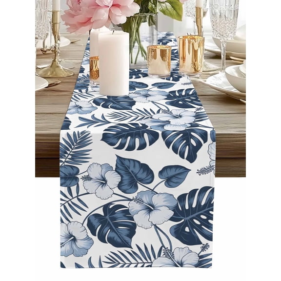 Blue Flower Tropical Palm Leaves Table Runner-60 Inch Long Hawaiian Plant Branch Table Runners Linen Burlap Tablerunner for Kitchen Dining Room Holiday Party