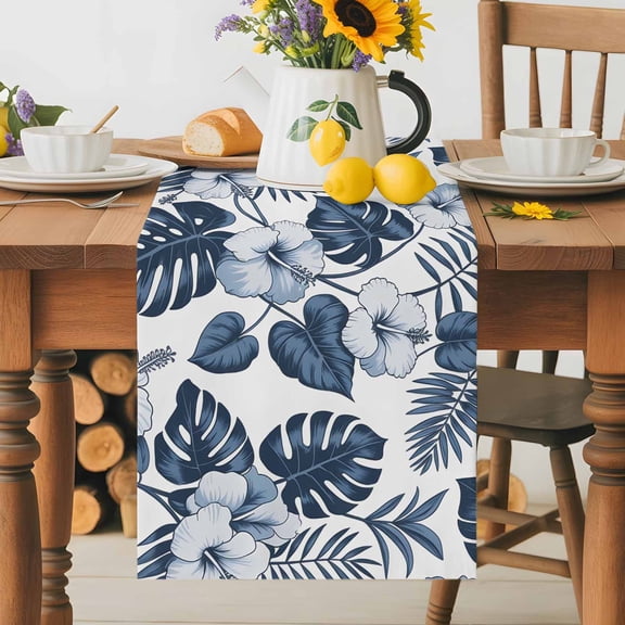 Blue Flower Tropical Palm Leaves Table Runner 70 Inches Long, Hawaiian Plant Branch Table Runners Tabletop Scarf Kitchen Dining Tables Decoration for Home Party Indoor Outdoor