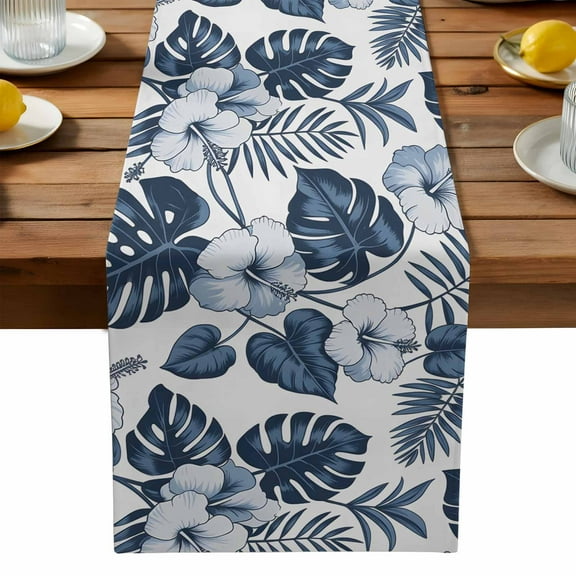 Blue Flower Tropical Palm Leaves Table Runner Dresser Scarf,Kitchen Dining Table Decoration Hawaiian Plant Branch Linen Table Runners for Home Wedding Indoor Outdoor Party,13x70in