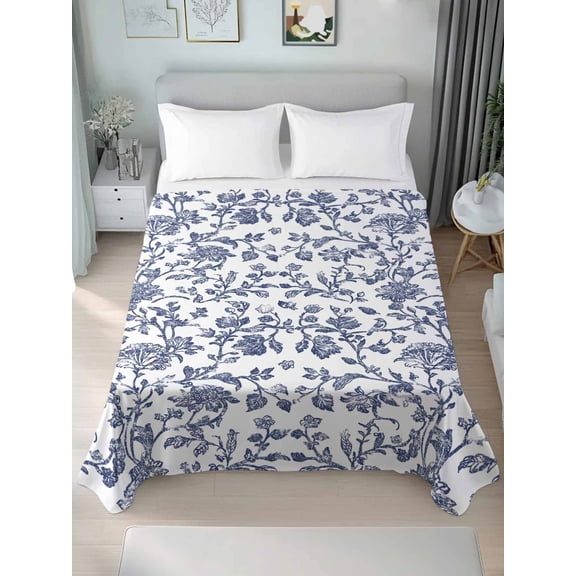Blue Flower Twim Size Flat Sheet, Wrinkleproof & Fadeproof Cooling Flat Bed Sheet Only, Spring Leaf Vintage Farmhouse Boho Plant Breathable Soft Bedding Top Sheets 66 x 96 Inches