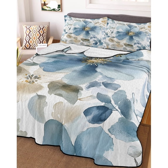 Blue Flower Twin XL Size Down Alternative Comforter, Lightweight Comforter Quilt Bedding Set with Pillow Shams Sage Green Leaves Boho Spring Watercolor All Seasons Bed Comforter Duvet Insert 68"x98"