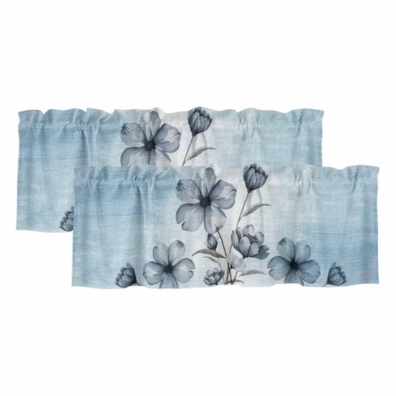 Blue Flower Valances for Windows, Decorative Rod Pocket Window Valance Curtains, Retro Gradient Texture Painting Plant Leaf Short Curtain Drapes for Kitchen/Living Room, 2 Panels, 42" W x 18" L