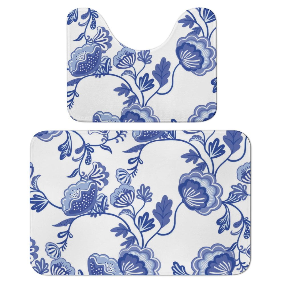 Blue Flower Vine Bathroom Rugs Set 2 Pieces, Bathroom Set Quick