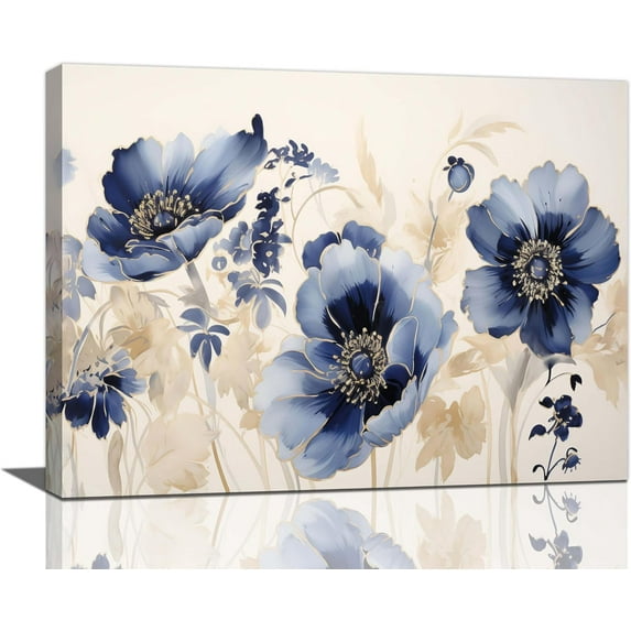 Blue Flower Wall Art Abstract Blue Floral Pictures Wall Decor Large Blue Painting Canvas Prints Modern Artwork Framed Decoration for Home Bathroom Bedroom Living Room Office 16"x12"