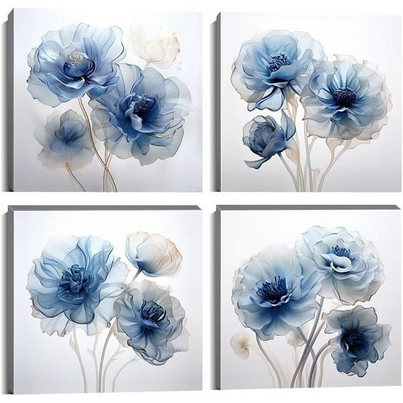 Blue Flower Wall Art for Bathroom Bedroom Living Room Blue and White Wall Decor Floral Painting Canvas Print Picture for Home Decorations Framed Artwork Ready to Hang (16x16inchx4)