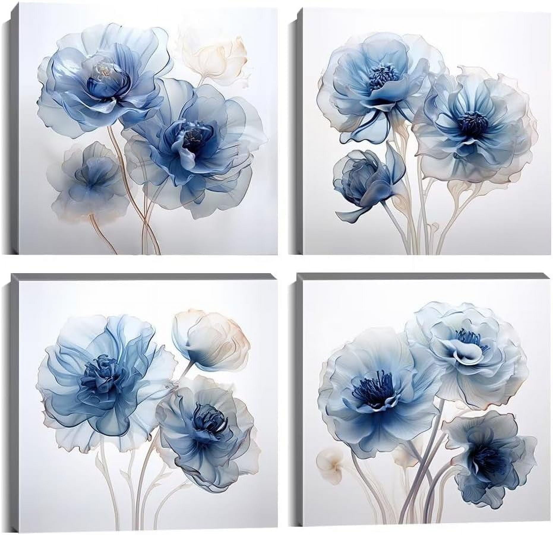 Blue Flower Wall Art for Bathroom Bedroom Living Room Blue and White